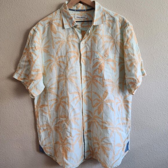 Tommy Bahama Shirt Mens Large Hawaiian Button Up Linen TENCEL Blend Palm Print - Picture 1 of 11